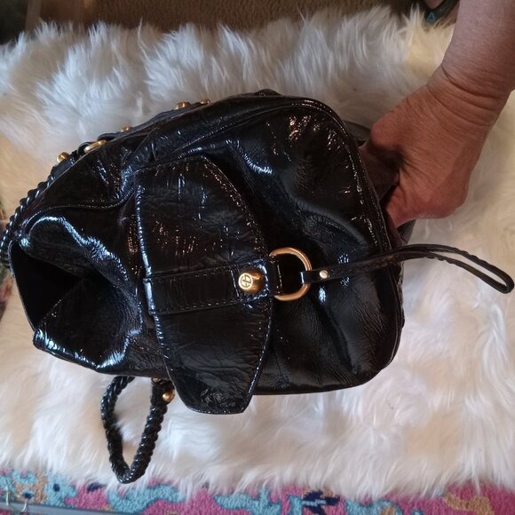 New Vintage Patent Leather Satchel with Gold Hardware - Picture 4 of 11